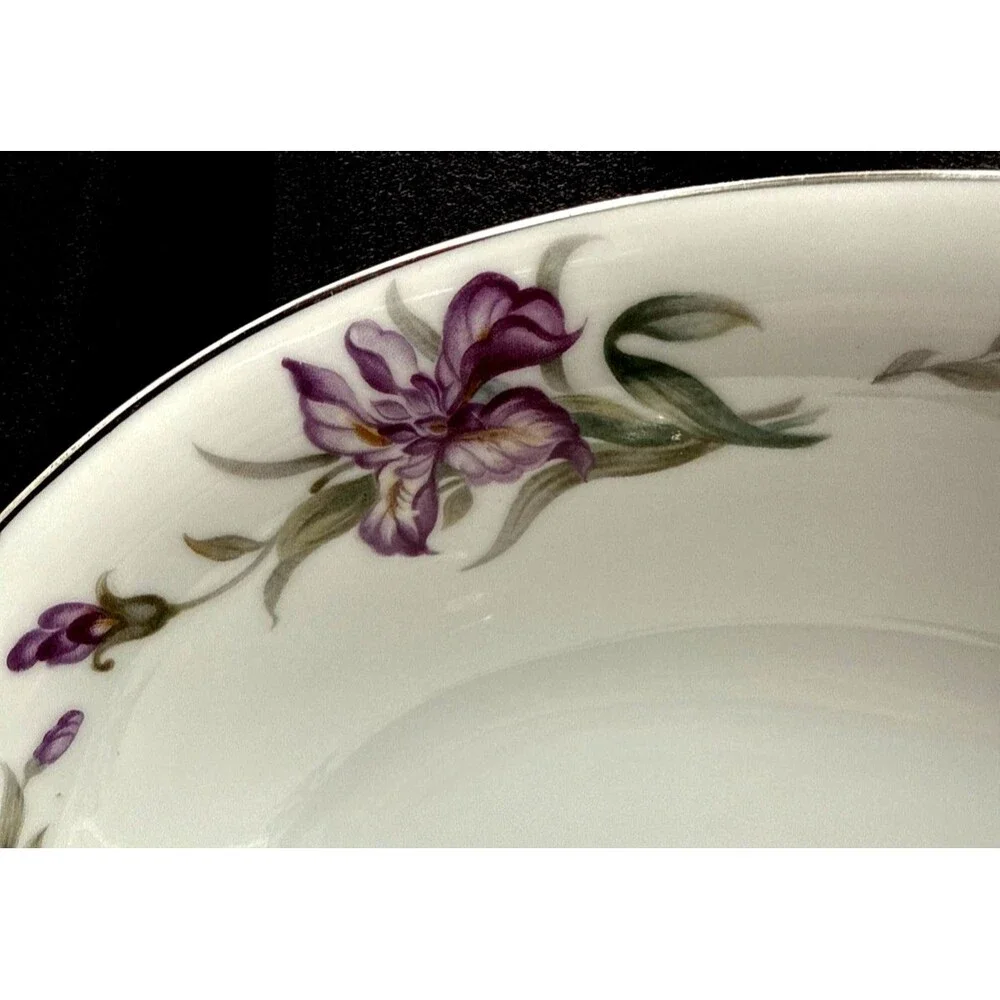 Mikado China Japan White Purple Iris Platinum Rim 10.5” Oval Bowl
